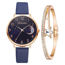 Cargar imagen en el visor de la galería, Moon Bracelet &amp; Watch Set with blue dial, rose gold accents, and crystal-embellished bracelet; elegant style for modern women.
