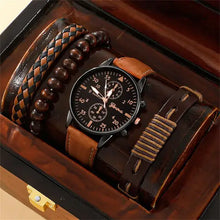 Cargar imagen en el visor de la galería, Men&#39;s luxury watch and bracelet set with vegan leather strap in elegant display box.
