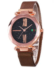 Load image into Gallery viewer, Galaxy Starsa Watch with a 35MM dial, sparkling black face, brown mesh strap - not waterproof.
