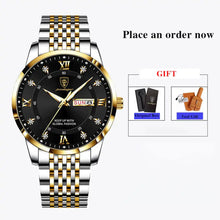 Load image into Gallery viewer, Men&#39;s stainless steel watch with black dial, gold accents, date feature; includes original box and tool gift, order now.
