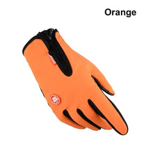 Cargar imagen en el visor de la galería, Orange waterproof winter glove with touchscreen capability, designed for keeping hands warm and dry during cold, wet conditions.
