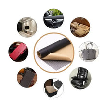 Load image into Gallery viewer, Vegan leather repair patch surrounded by various applications like furniture, car interior, bags, and more.
