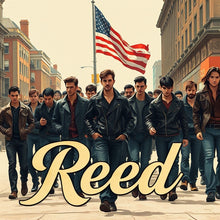 Load image into Gallery viewer, Group of men in leather jackets walking down a street with an American flag, featuring the word 'Reed'.
