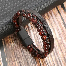 Load image into Gallery viewer, Classic men&#39;s leather bracelet with beaded design, showcasing a sophisticated, versatile accessory ideal for elevating any attire.
