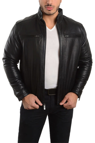 REED men's lambskin leather jacket with stand-up collar, front zip closure, black, perfect for winter, stylish and imported quality.