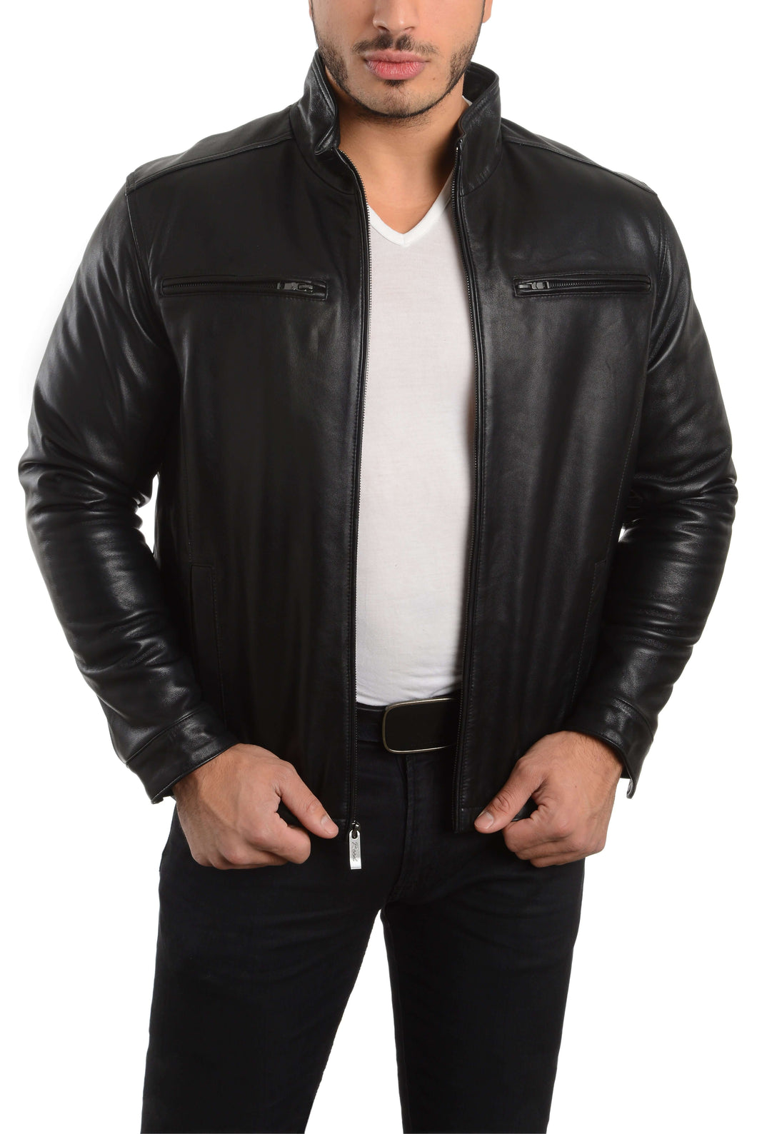 REED men's lambskin leather jacket with stand-up collar, front zip closure, black, perfect for winter, stylish and imported quality.