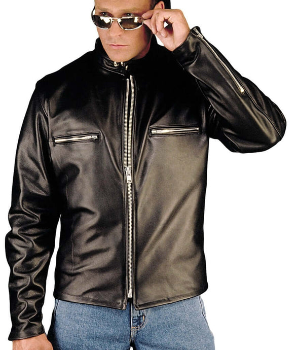REED Men's Naked Cow Leather Motorcycle Jacket Made in USA, stylish and protective, worn by model in sunglasses.