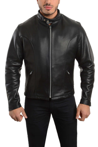 REED Men's Premium Leather Motorcycle Jacket, Black, made in USA, featuring naked cow leather and adjustable side buckle for bikers.