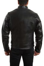 Load image into Gallery viewer, Back view of REED Men&#39;s Premium Quality Black Leather Motorcycle Coat with adjustable side buckles, made in USA, showcasing durability.
