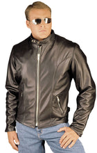 Load image into Gallery viewer, Man wearing REED Classic Motorcycle Leather Jacket in black made from full-grain leather, showcasing timeless American-made quality.
