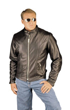 Load image into Gallery viewer, REED Men&#39;s black leather motorcycle coat, handcrafted in USA with zippered cuffs, worn by model, showcasing style and durability.
