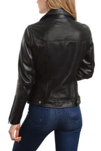 Load image into Gallery viewer, REED EST. 1950 Women&#39;s Lambskin Leather Biker Jacket, black, genuine leather, back view, premium quality, classic style.
