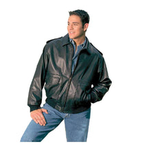 Load image into Gallery viewer, Model wearing REED Men&#39;s Bomber Leather Jacket, union made in USA, showcasing classic design and durability with naked cow leather.
