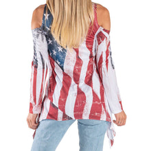 Load image into Gallery viewer, Women&#39;s Made in USA Cold Shoulder Tunic with American flag design, long sleeve, shark bite hem, perfect for summer and patriotic occasions.
