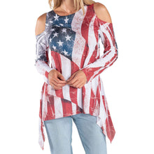 Load image into Gallery viewer, Women&#39;s cold shoulder tunic with American flag design, long sleeve, shark bite hem, Made in USA, summer wear
