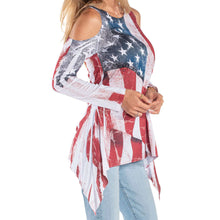 Load image into Gallery viewer, Women&#39;s USA Flag Cold Shoulder Tunic with Shark Bite Hem
