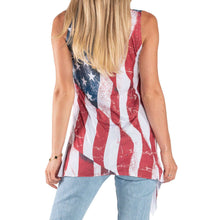 Load image into Gallery viewer, Back view of Women&#39;s Made in USA Sharkbite Tank Tunic with American flag design, styled with jeans, ideal for patriotic events.
