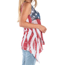 Load image into Gallery viewer, Women&#39;s sharkbite tunic with American flag design, sleeveless, Made in USA, perfect for summer, paired with jeans for a patriotic look.
