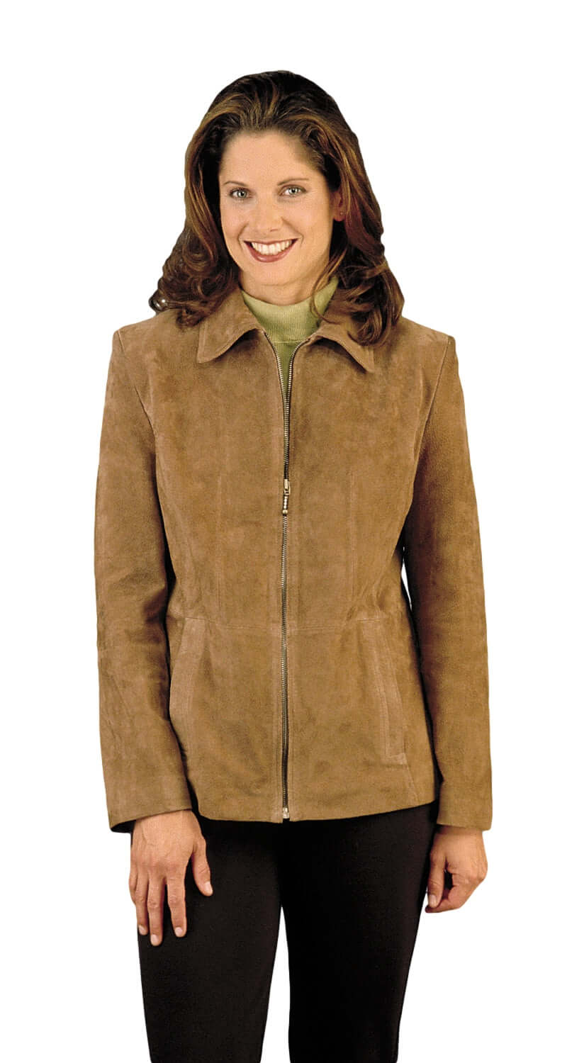 Women's suede leather jacket with collar, zip front, and satin lining. Model wearing brown genuine suede fashion jacket by REED.