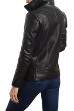 Load image into Gallery viewer, Back view of REED Women&#39;s Jacket in genuine black lambskin leather with stand-up collar, showcasing premium quality and sleek design.
