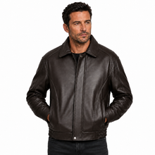 Load image into Gallery viewer, A man wearing a black REED genuine cow leather bomber jacket with white background
