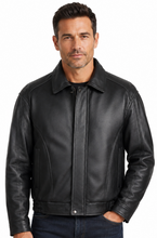 Load image into Gallery viewer, A man wearing a black REED genuine cow leather bomber jacket with white background
