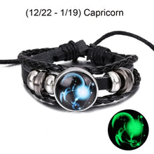 Load image into Gallery viewer, Capricorn leather bracelet with glowing zodiac sign charm, perfect for astrology enthusiasts and personalized style.
