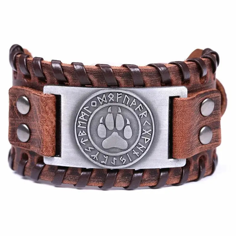 Bear Paw Handmade Braided Genuine Leather Strap with rustic charm, featuring a rugged bear paw emblem and intricate craftsmanship.