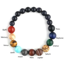 Load image into Gallery viewer, Alt Tag: Eight Planets Natural Stone Bracelet showcasing stones for each planet, including Blue Sand Stone and Red Agate, in a circular design.
