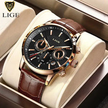 Load image into Gallery viewer, Luxury LIGE men&#39;s watch with vegan leather strap, featuring a chronograph function and gold accents, perfect for gifts.
