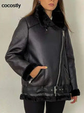 Load image into Gallery viewer, High quality women&#39;s faux leather fur coat with zipper, vegan leather jacket, chic winter fashion, sophisticated loose fit.
