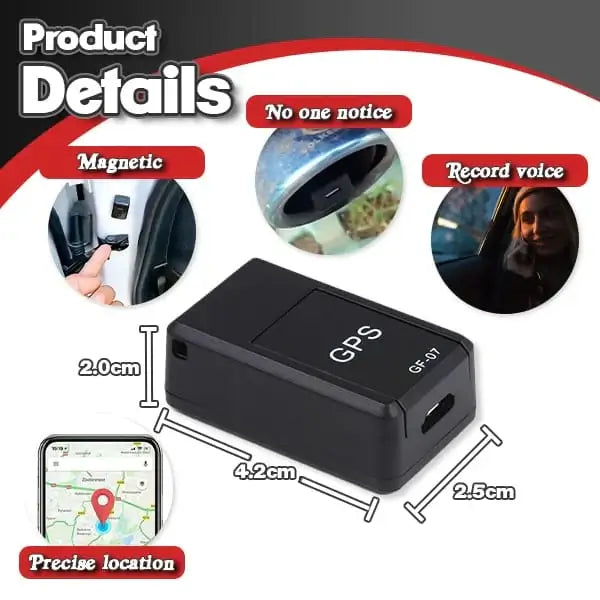 eThings Ultra Mini GPS Tracker with precise location, magnetic feature, and voice recording. Dimensions: 4.2cm x 2.5cm x 2.0cm.