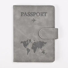 Load image into Gallery viewer, Gray PU leather passport holder with a world map design, ideal for stylish and organized travel.
