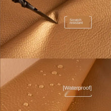 Load image into Gallery viewer, Vegan leather repair patch showing scratch resistance and waterproof features demonstrated on a tan leather texture.
