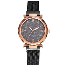 Load image into Gallery viewer, Rose Gold Women Watch with sleek design and black mesh band, showcasing elegance and sophistication for versatile fashion statements.
