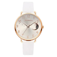 Cargar imagen en el visor de la galería, Elegant watch with moon dial design and white strap, part of the Moon Bracelet &amp; Watch Set for sophisticated style.
