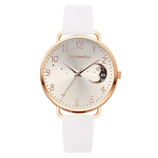 Elegant watch with moon dial design and white strap, part of the Moon Bracelet & Watch Set for sophisticated style.