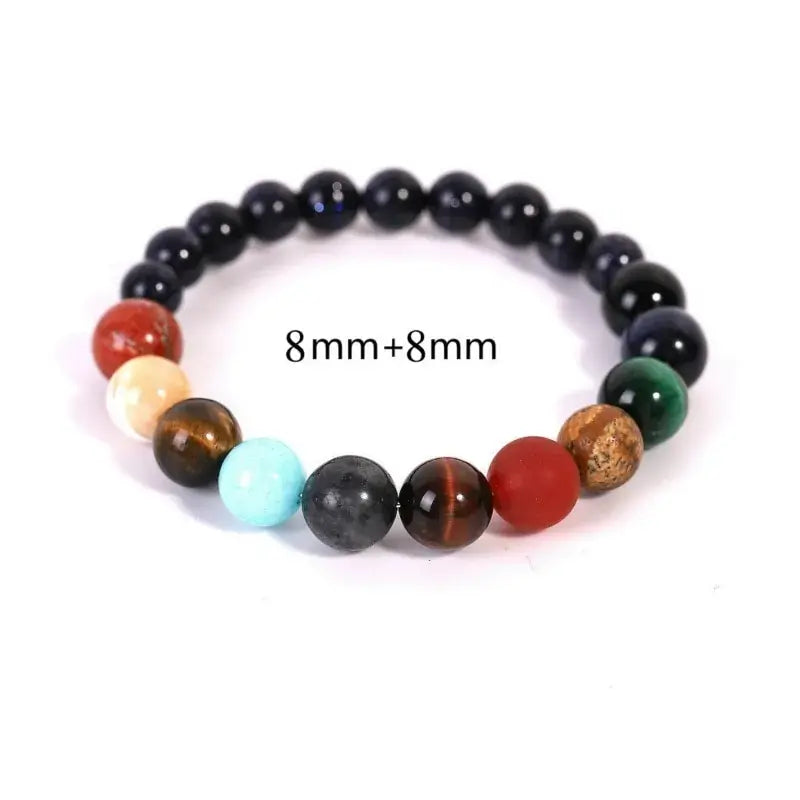 Eight Planets Natural Stone Bracelet showcasing colorful stones like Blue Sand Stone, Red Agate, Tiger Eye, and Lapis Lazuli.