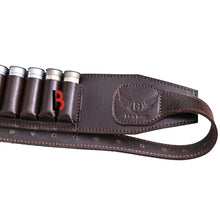 Load image into Gallery viewer, Cowhide Leather Shotshell Bandolier Belt Shotgun Shell Belt Ammunition Carrier featuring high-quality cowhide leather and adjustable design.
