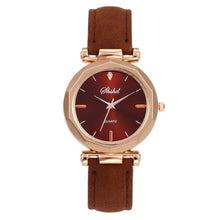 Load image into Gallery viewer, Fashion women&#39;s leather casual watch with brown PU strap, pink-gold dial, quartz movement, and vegan leather. Sleek and stylish design.
