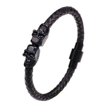 Cargar imagen en el visor de la galería, Classic hand woven multi-layered vegan leather bracelet with skull design, black in color, stylish accessory for men.
