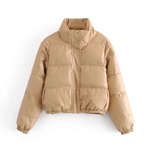 Load image into Gallery viewer, Women&#39;s beige puff winter coat made of thick PU leather, showcasing luxury, comfort, and durability for stylish cold-weather wear.
