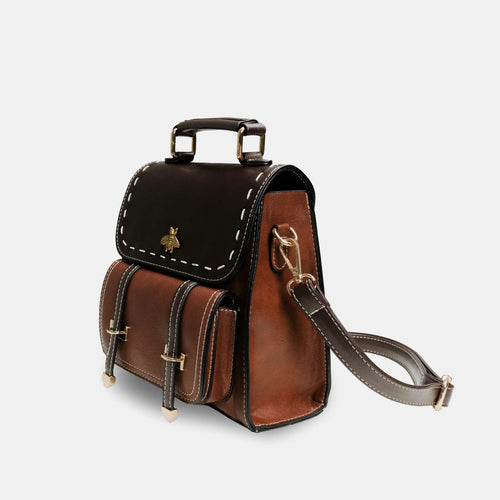 Bumblebee vegan leather backpack in sleek brown design with multiple compartments, perfect for professional style and organized efficiency.