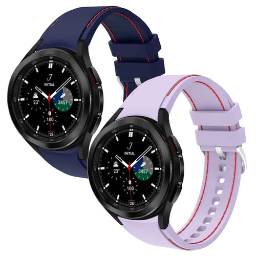 Samsung Galaxy Watch 4 with 20mm Silicone Sports Bracelet in navy and lavender colors, designed for 46mm and 42mm models.