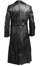 Load image into Gallery viewer, Back view of black vegan leather trench coat with button closure and lapel collar, highlighting premium quality and sleek design.
