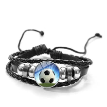 Cargar imagen en el visor de la galería, Unisex polyurethane leather bracelet with soccer charm, stylish and durable accessory for sports enthusiasts, features braided design.
