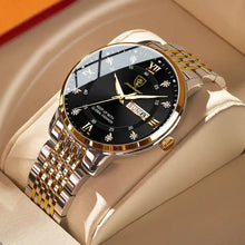 Load image into Gallery viewer, Men&#39;s stainless steel watch with a sleek black dial, Roman numerals, and two-tone bracelet, showcasing elegance and functionality.
