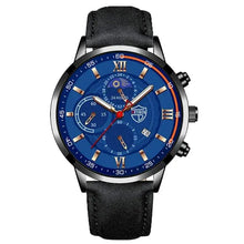 Load image into Gallery viewer, Men&#39;s casual leather watch with a blue dial, featuring Roman numerals and a black leather strap, showcasing timeless elegance and modern functionality.
