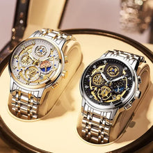 Load image into Gallery viewer, Luxury men&#39;s stainless steel watches with intricate open dial design and gold accents, displaying precise craftsmanship and style.
