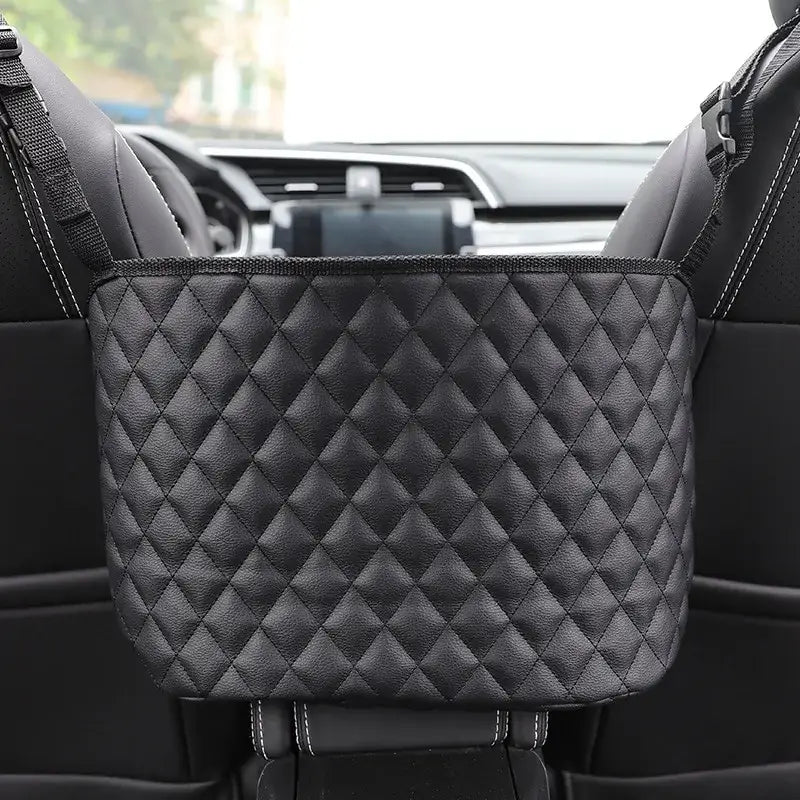 Luxury vegan leather car handbag holder seat back organizer for extra storage between front car seats.